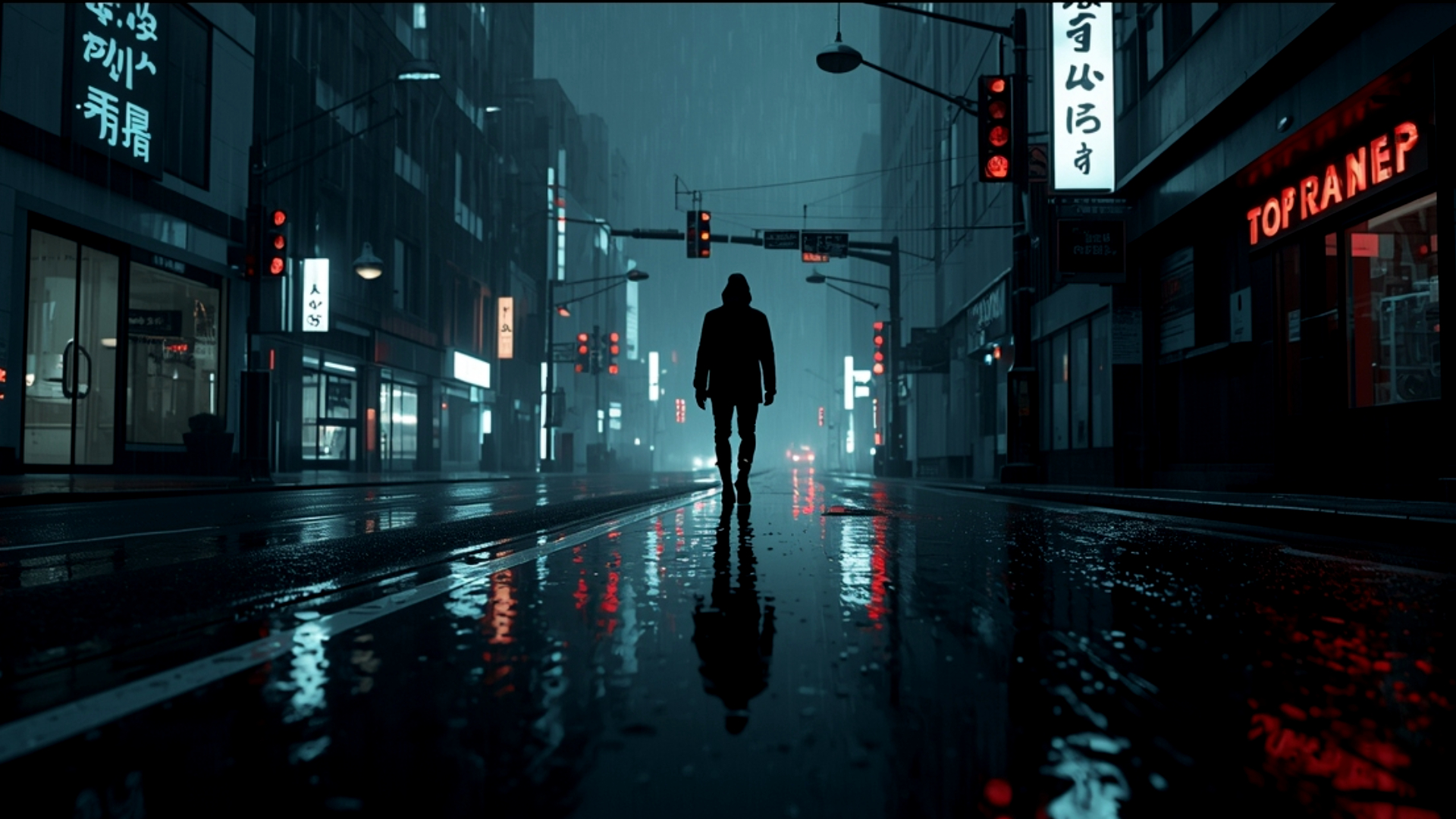 Rainy cyberpunk city with lone figure amoled